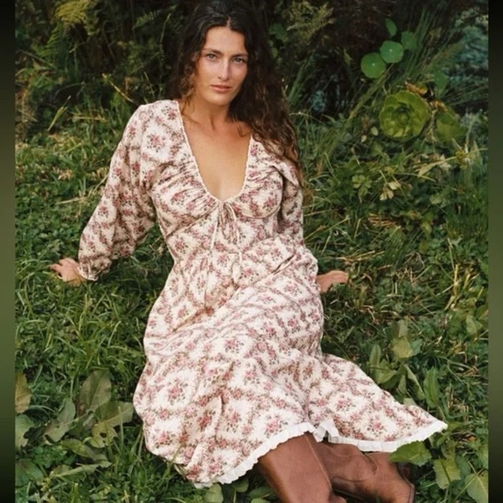 Christy Dawn Floral Long Sleeve Maxi Dress in Cream and Pink